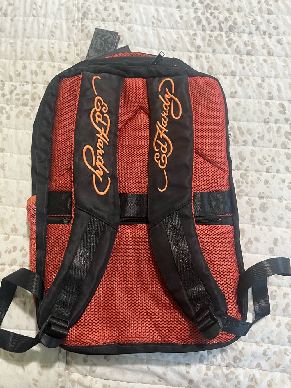 Ed Hardy Red and Black Mesh Backpack with Orange Logo